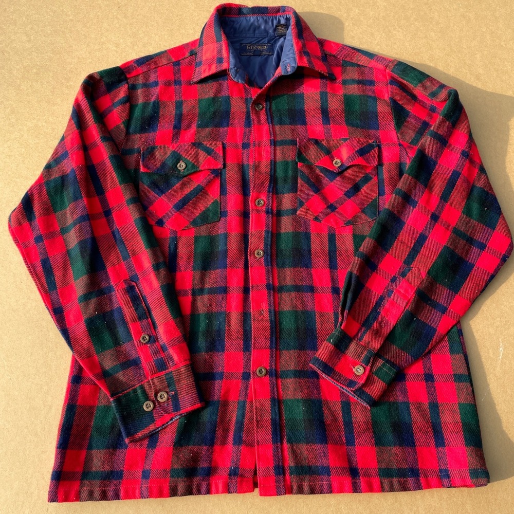Rugged Plaid Flannel Shirt Mens Medium Red Green Casual Vintage Acrylic Pocket